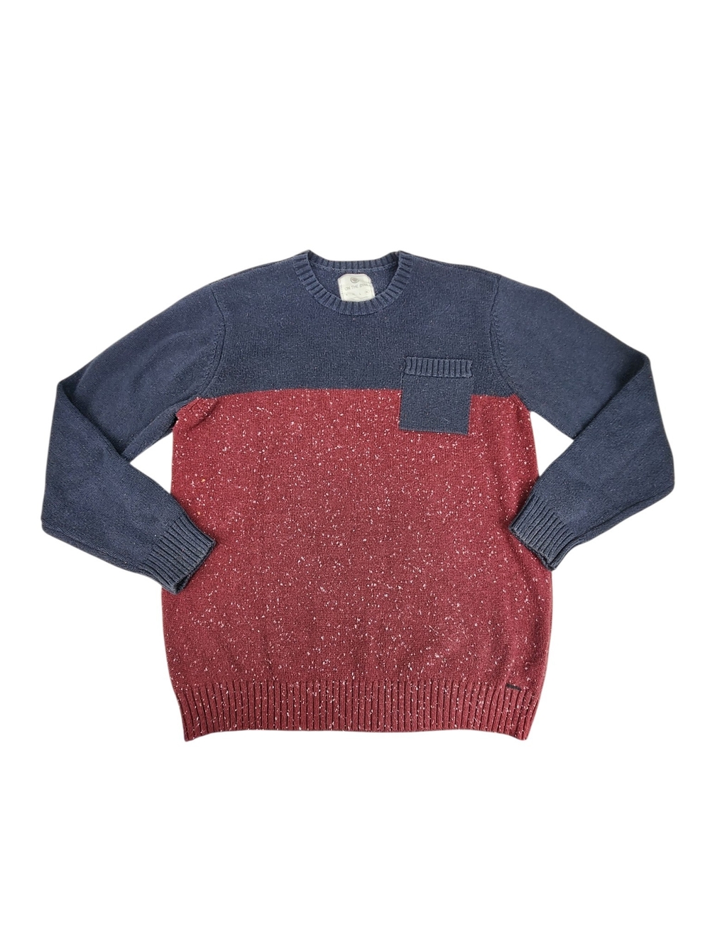 On The Byas Men’s XL Colorblock Speckled Knit Sweater Navy Burgundy Chest Pocket